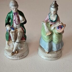 Vintage Occupied Japan Porcelain Colonial Couple Figurines Set of 2 Green Pink